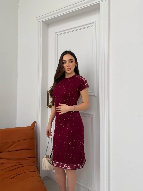 Bordo Polo Taşlı Pike Elbise