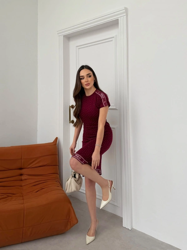 Bordo Polo Taşlı Pike Elbise