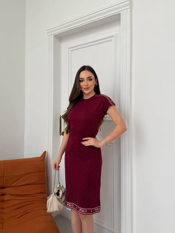 Bordo Polo Taşlı Pike Elbise