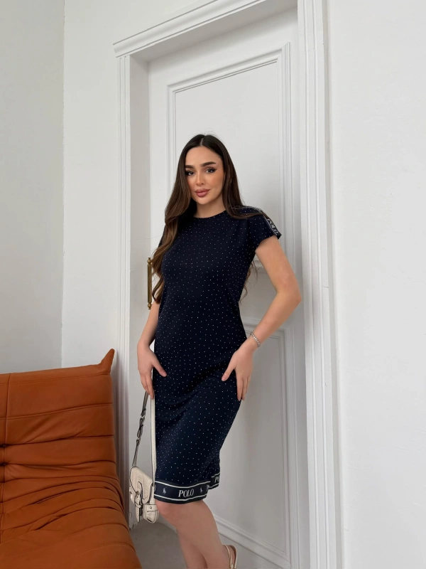 Lacivert Polo Taşlı Pike Elbise