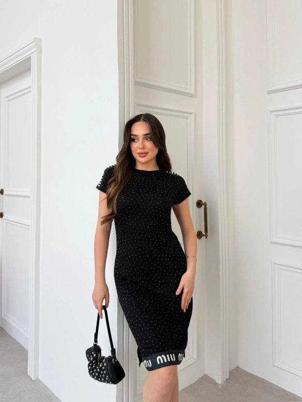 Siyah Miu Miu Taşlı Pike Elbise
