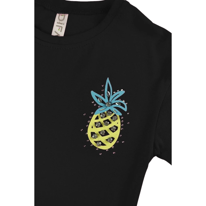 Ananas Baskılı Taşlı Crop Yazlık Kız Çocuk Alt Üst Takım