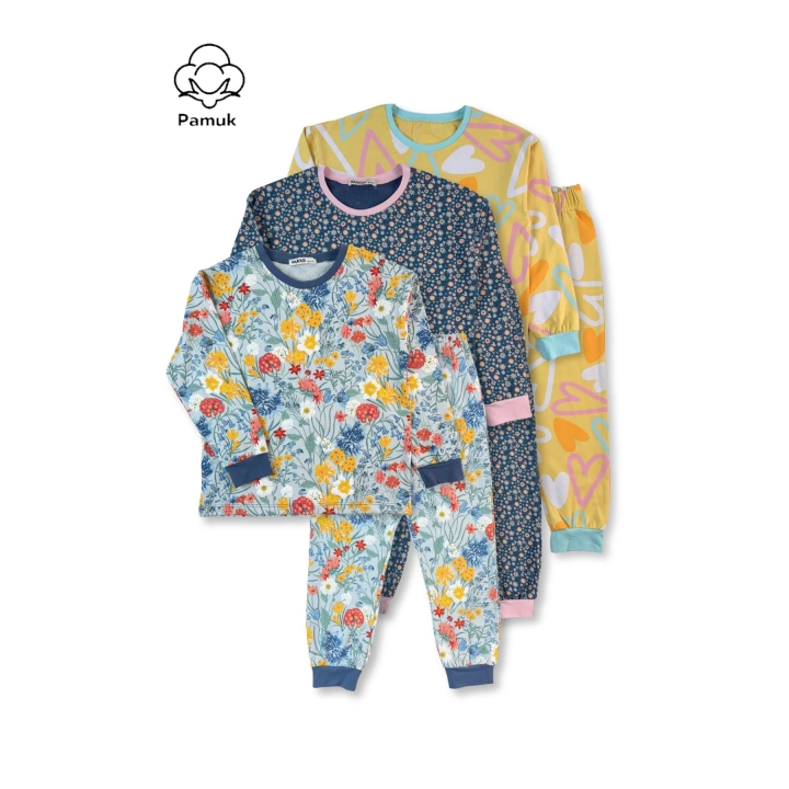 Kız Çocuk 3Lü Set Çiçekli Desenli Mevsimlik Pijama Takımı