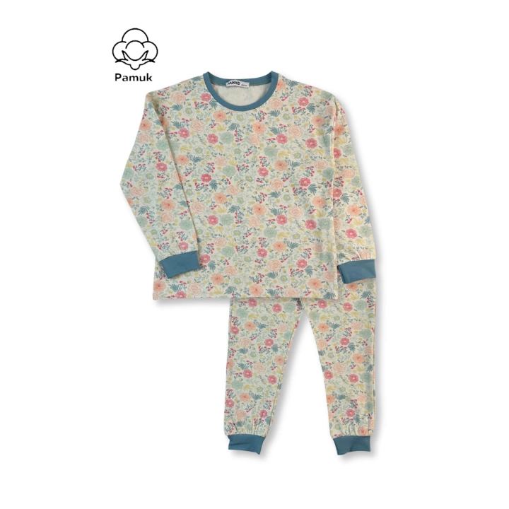 Kız Çocuk 3Lü Set Rengarenk Çiçek Desenli Mevsimlik Pijama Takımı