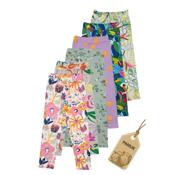 Kız Çocuk 6Lı Set Desenli Likralı Mevsimlik Uzun Tayt (7-10 YAŞ)