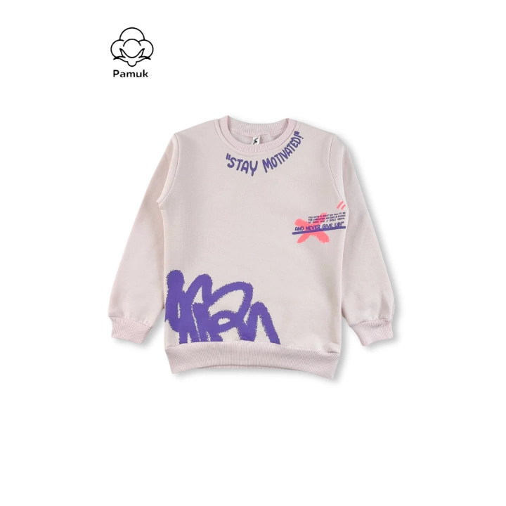 Kız Çocuk Baskılı Açık Pudra Renk Kışlık Uzun Kollu Sweatshirt