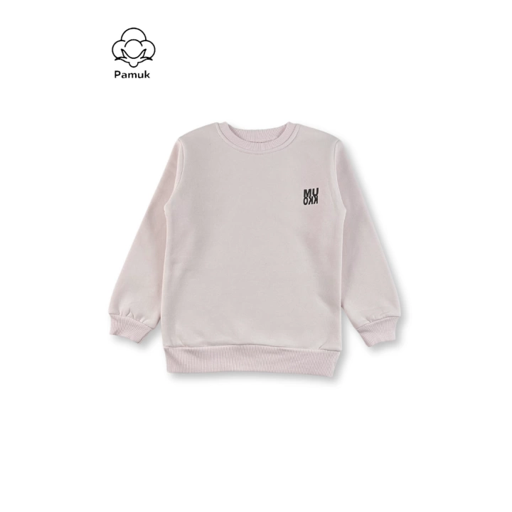 Kız Çocuk Pudra Renk Basic Kışlık Şardonlu 3 ip Kumaş Uzun Kollu Sweatshirt