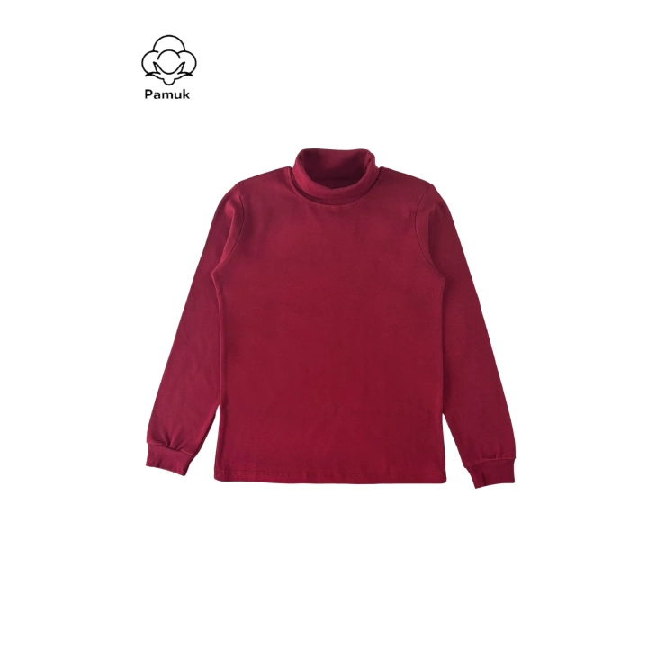 Kız Erkek Unisex Çocuk Bordo Renk Basic Mevsimlik Kışlık Boğazlı Balıkçı Yaka Uzun Kollu Badi