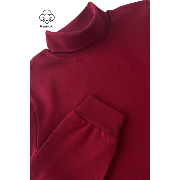 Kız Erkek Unisex Çocuk Bordo Renk Basic Mevsimlik Kışlık Boğazlı Balıkçı Yaka Uzun Kollu Badi