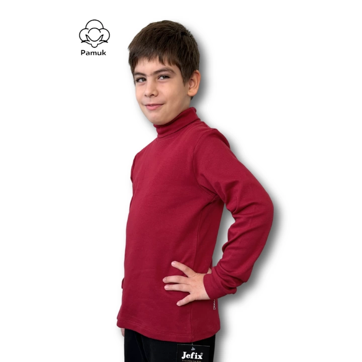 Kız Erkek Unisex Çocuk Bordo Renk Basic Mevsimlik Kışlık Boğazlı Balıkçı Yaka Uzun Kollu Badi