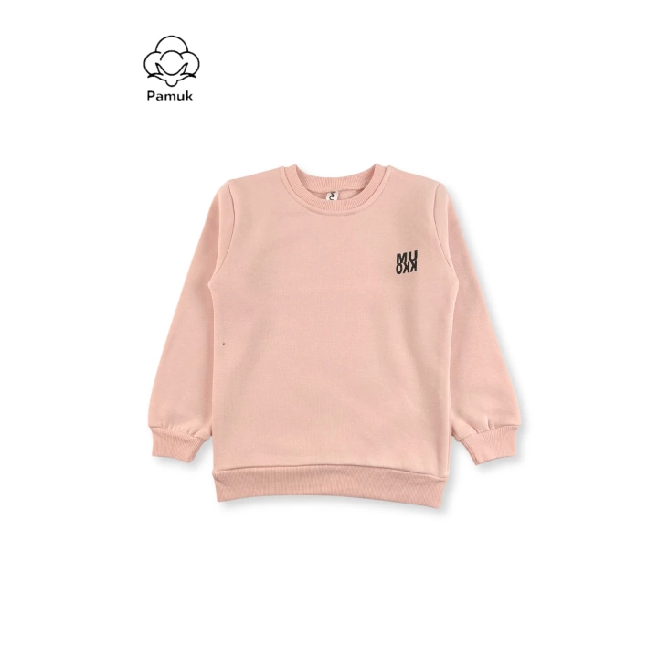 Kız Erkek Unisex Çocuk Pembe Renk Basic Kışlık Şardonlu 3 ip Kumaş Uzun Kollu Sweatshirt