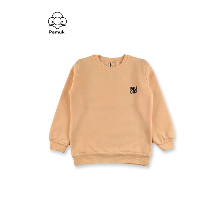 Kız Erkek Unisex Çocuk Somon Renk Basic Kışlık Şardonlu 3 ip Kumaş Uzun Kollu Sweatshirt