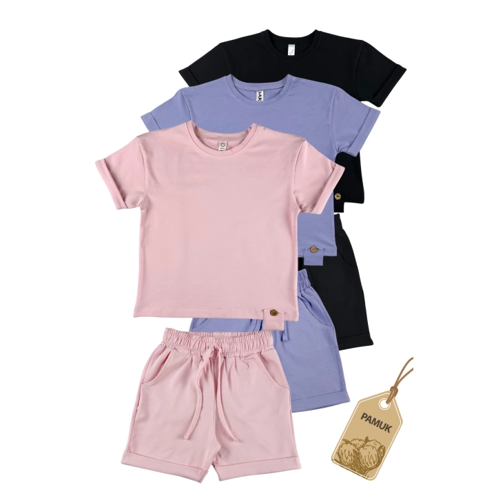 Üçlü Set Tahta Düğmeli Tasarım Yazlık Pudra Lila Siyah Kız Erkek Çocuk Unisex Alt Üst Takım