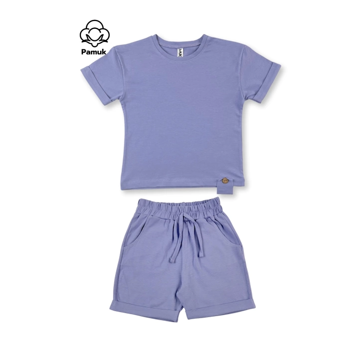 Üçlü Set Tahta Düğmeli Tasarım Yazlık Pudra Lila Siyah Kız Erkek Çocuk Unisex Alt Üst Takım