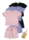 Üçlü Set Tahta Düğmeli Tasarım Yazlık Pudra Lila Siyah Kız Erkek Çocuk Unisex Alt Üst Takım