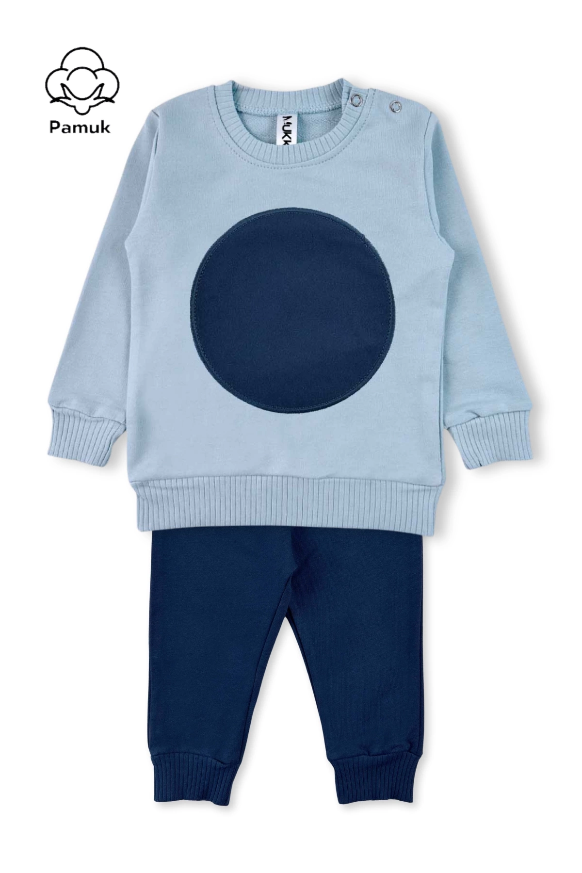 Erkek Kız Unisex Çocuk Yuvarlak Nakışlı Bebe Mavi Mevsimlik Alt Üst Takım