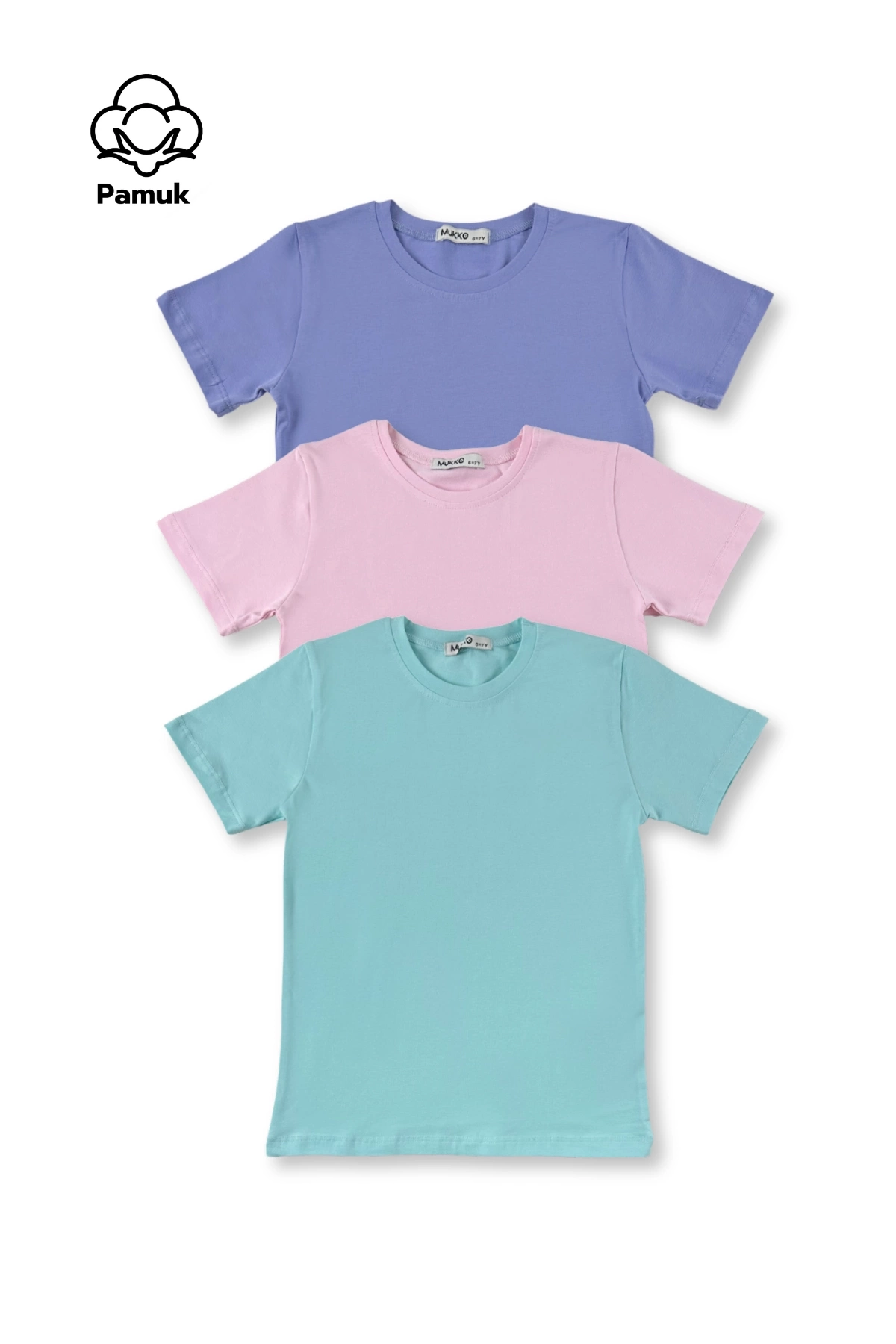 Kız Erkek Çocuk 3Lü Set Basic Tasarım Düz Kısa Kol Üst T-shirt