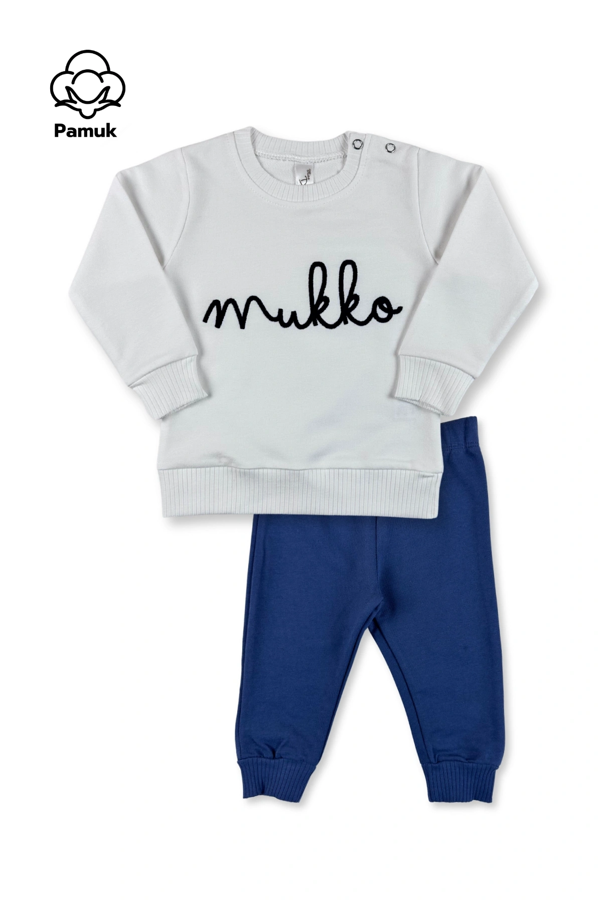Mukko Nakışlı Mevsimlik Ekru Lacivert Renk Kız Erkek Bebek Alt Üst Takım