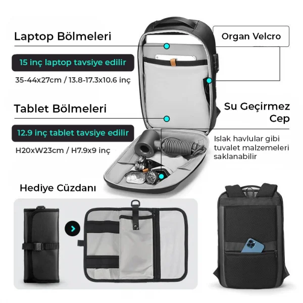 Mark Ryden Laptop Suya Dayanıklı Siyah Renk Sırt Çantası Çift Bölmeli MR2958_KR00