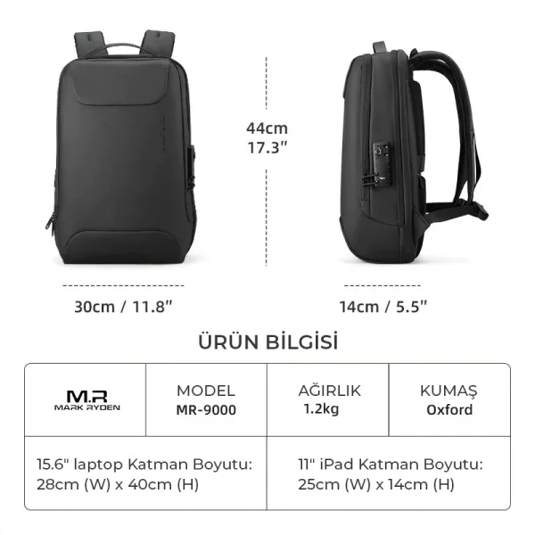 Mark Ryden COMPILO 15.6 İnch Kilitli Siyah Renk Laptop Erkek Sırt Çantası MR9000_00