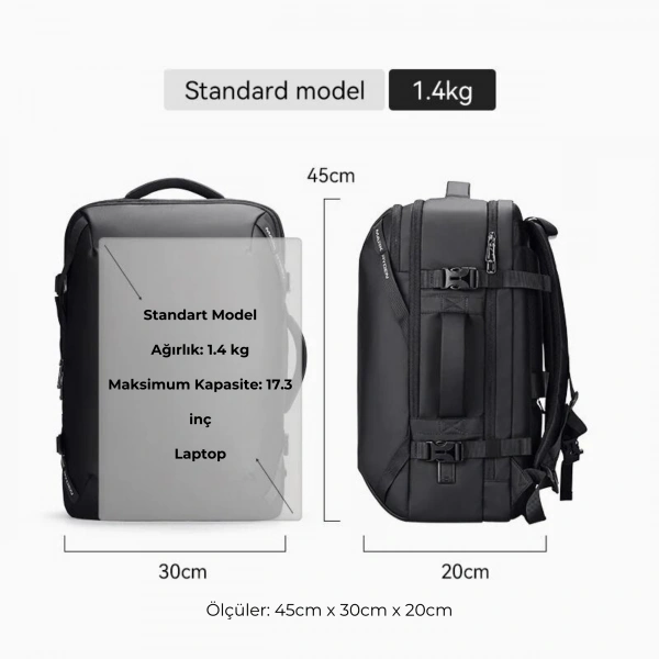 Mark Ryden Infinitely Genişletilebilir Çoklu Bölmeli Laptop Giysi Gri Renk Sırt Çantası G1_MR9993_KR07