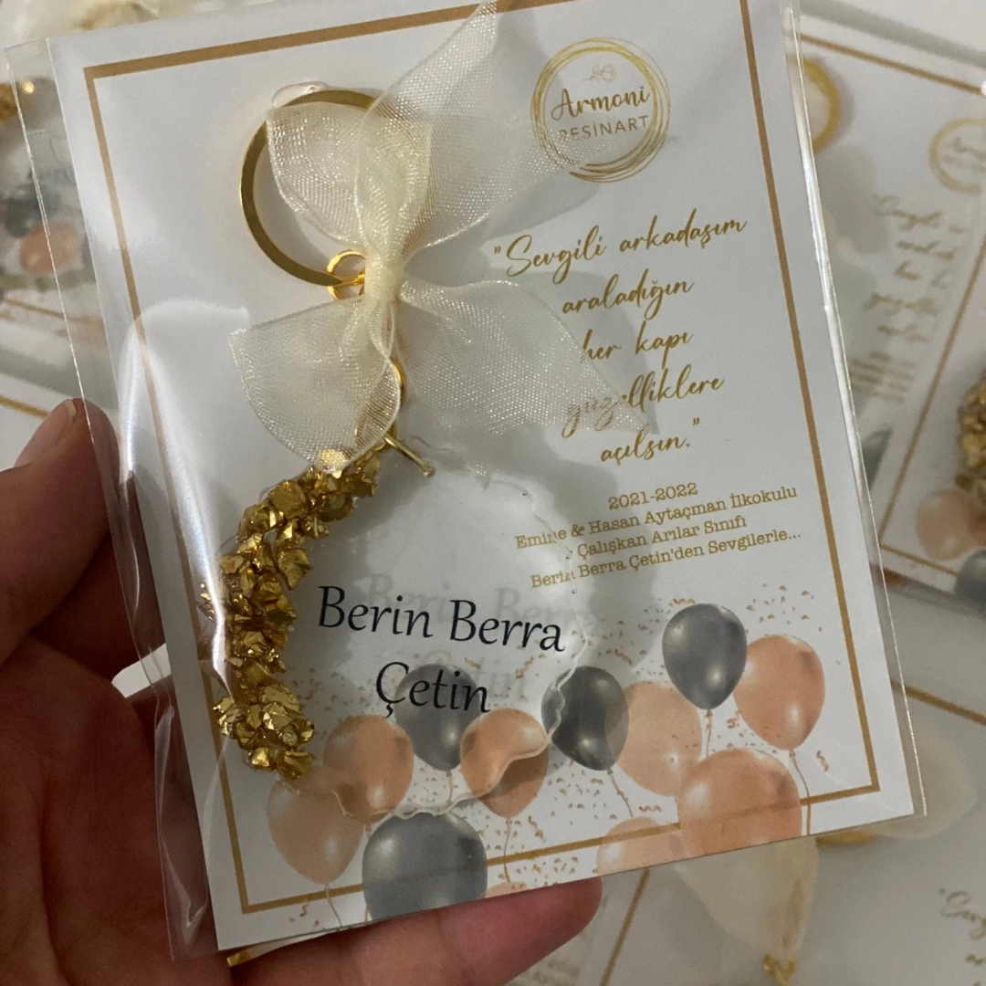 Kişiye Özel Kartlı Altın Taşlı Epoksi Anahtarlık Seti - 20 Adet