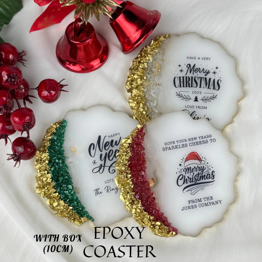 Kişiye Özel Kutulu Epoksi Bardak Altlığı – 20 Adet Noel Temalı Hediye Seti