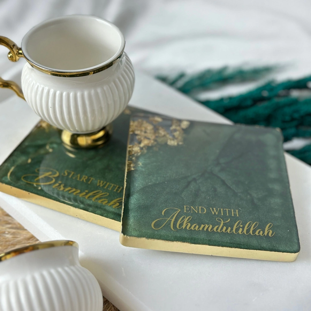 Kişiye Özel İkili Epoksi Bardak Altlığı Seti – Zümrüt Yeşili & Altın