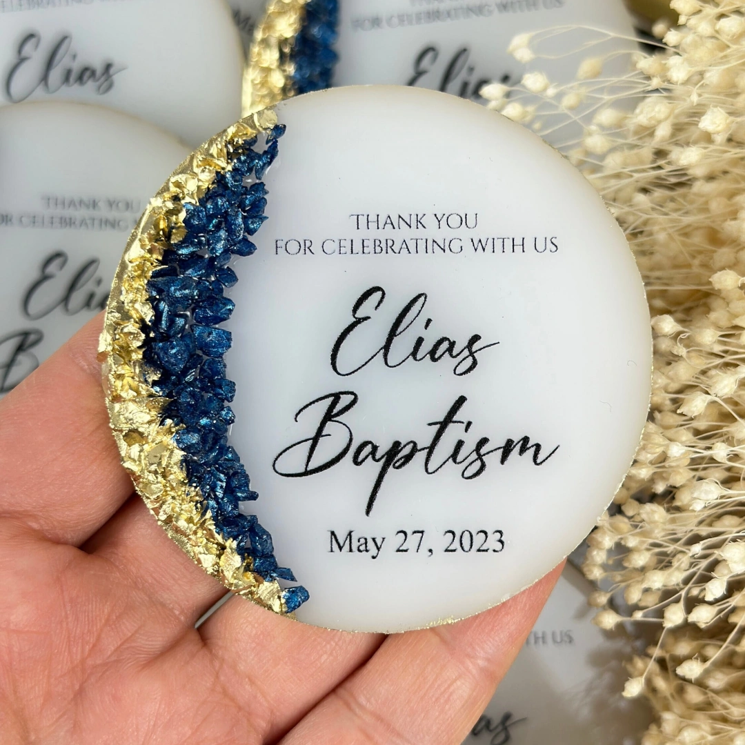 Kişiye Özel Taşlı Yuvarlak Epoksi Magnet – 20 Adet İsimli Düğün & Nişan Hatırası