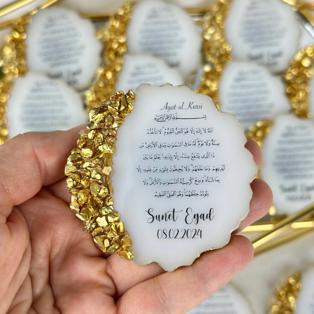 Ayet-el Kürsi Taşlı Magnet 20 Adet – İslami Hediyelik, Altın/Gümüş Dalgalı Tasarım