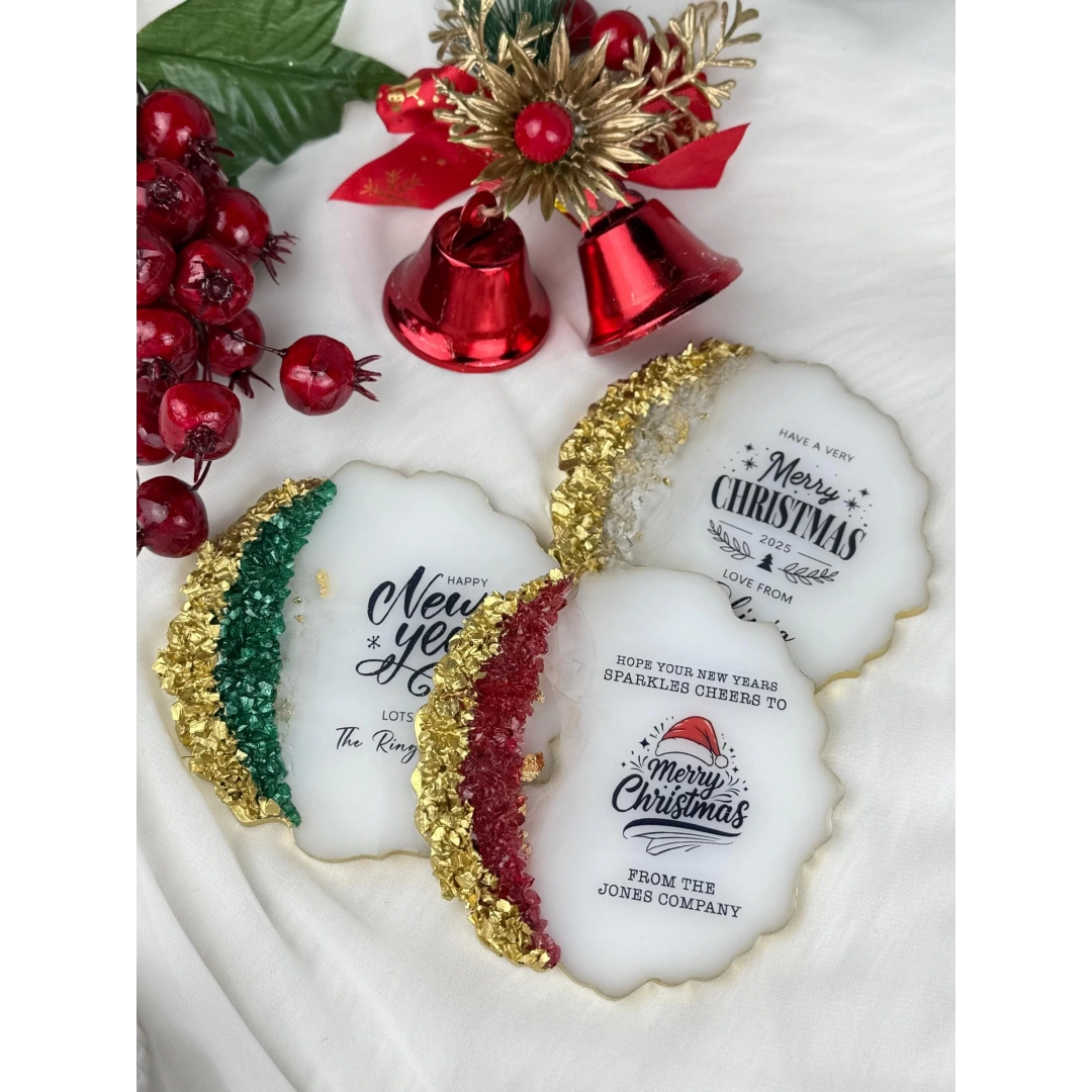 Kişiye Özel Kutulu Epoksi Bardak Altlığı – 20 Adet Noel Temalı Hediye Seti