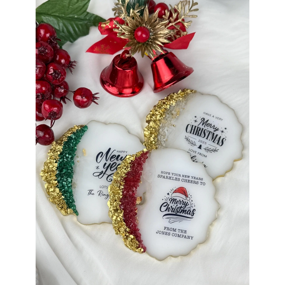 Kişiye Özel Kutulu Epoksi Bardak Altlığı – 20 Adet Noel Temalı Hediye Seti