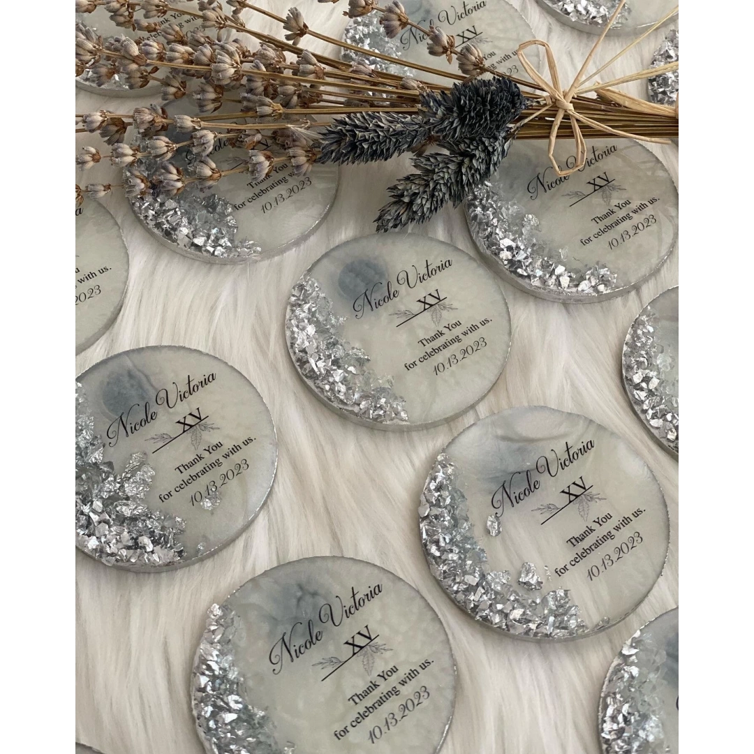 Kişiye Özel Taş Süslemeli Yuvarlak Epoksi Magnet Seti - 20 Adet