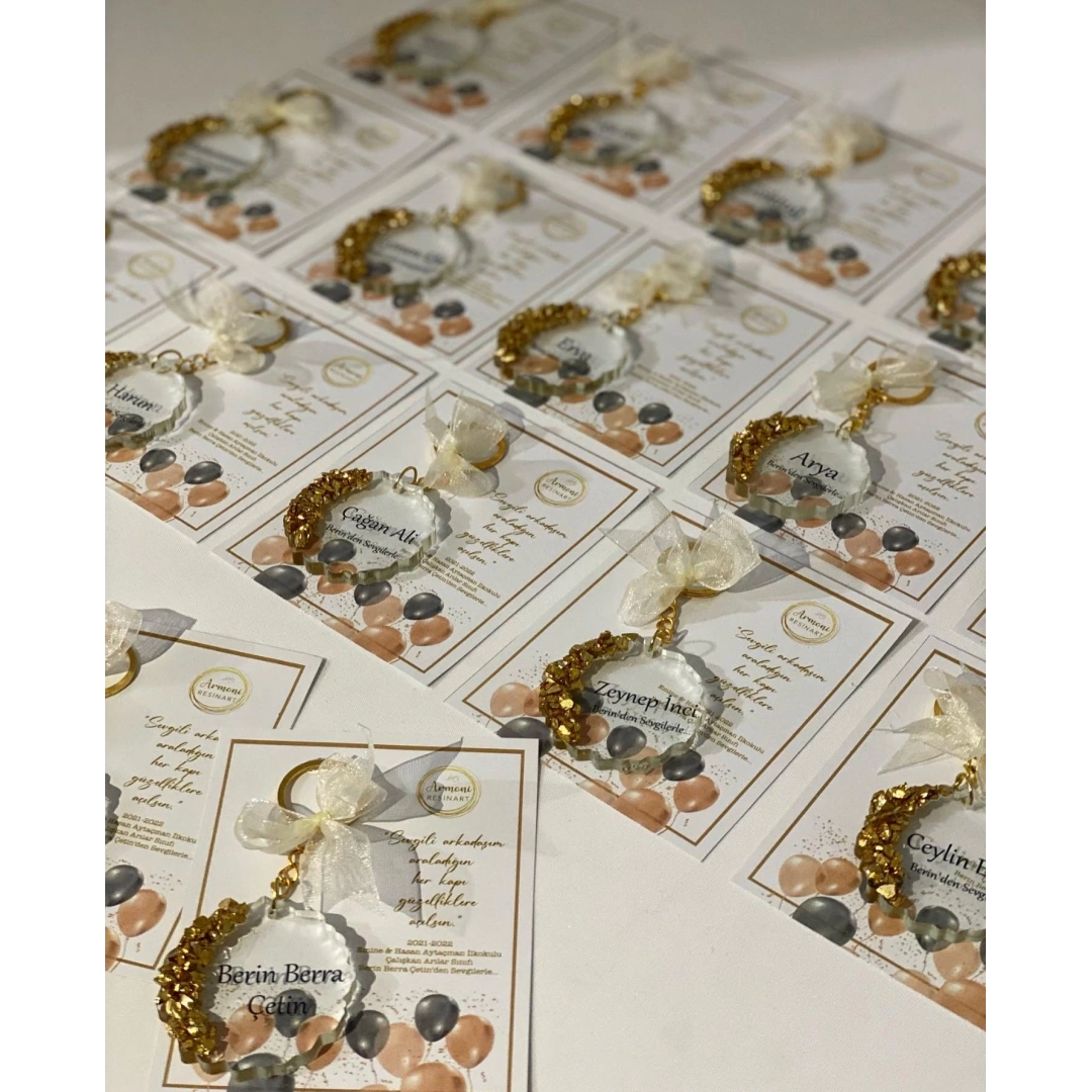 Kişiye Özel Kartlı Altın Taşlı Epoksi Anahtarlık Seti - 20 Adet