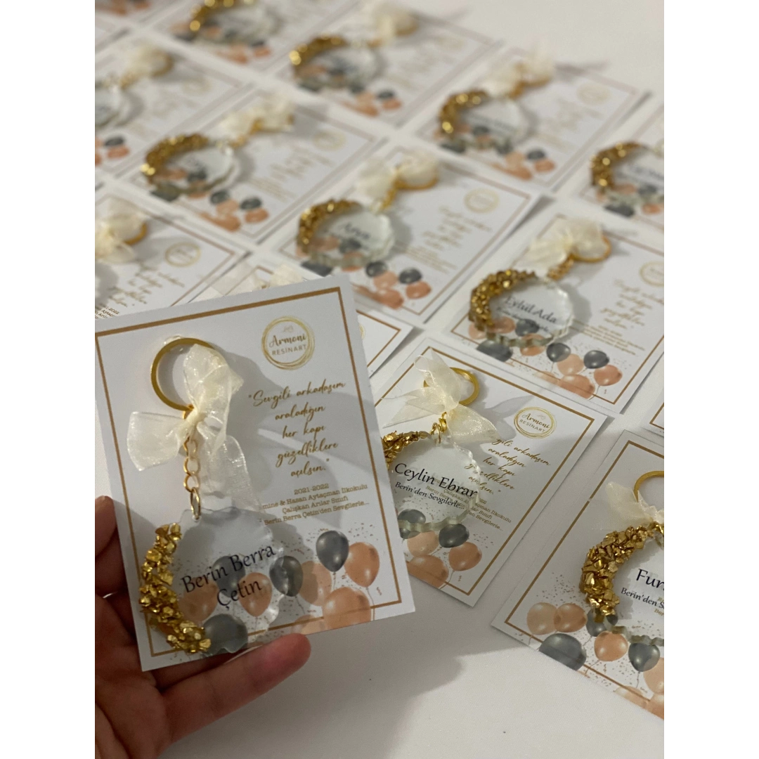 Kişiye Özel Kartlı Altın Taşlı Epoksi Anahtarlık Seti - 20 Adet