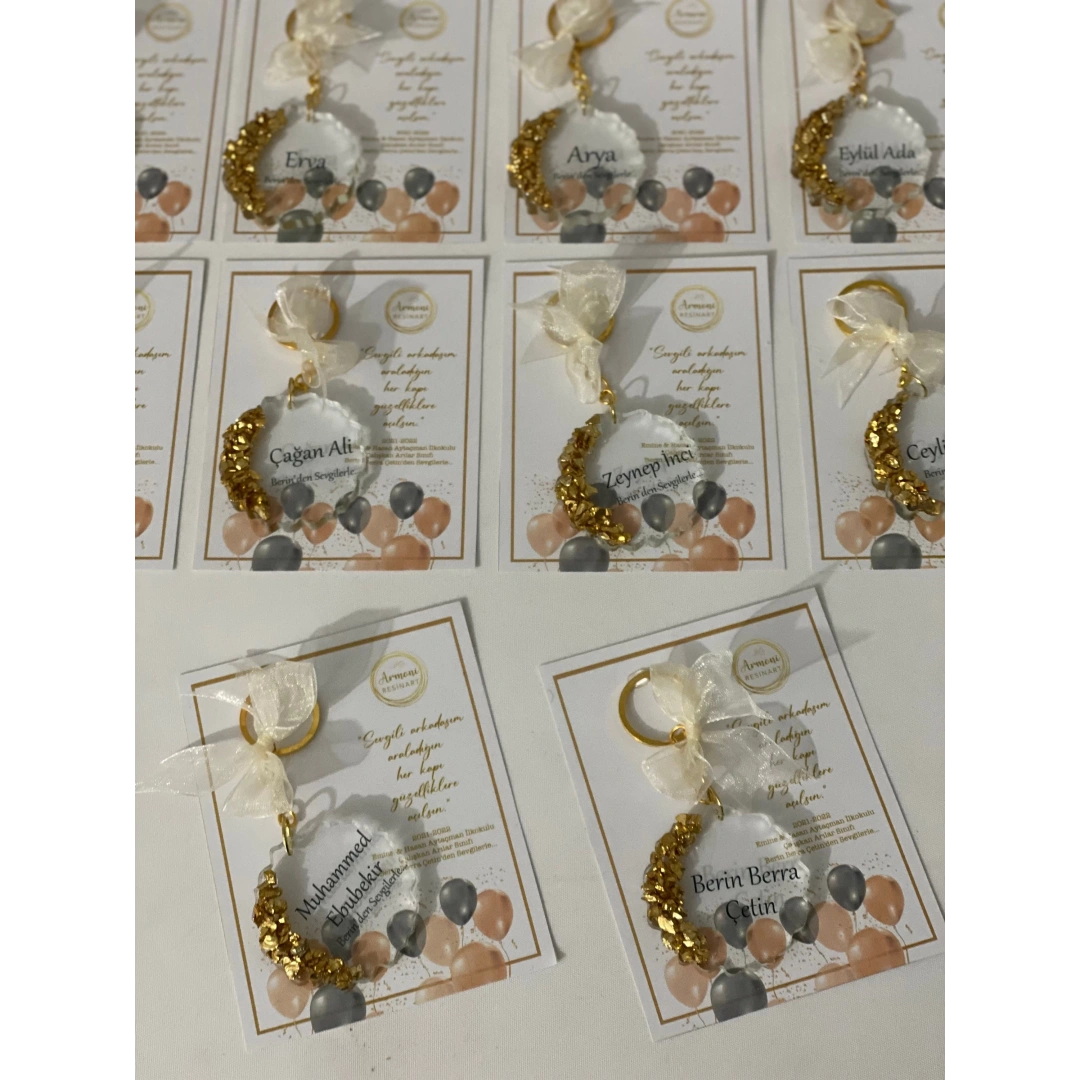 Kişiye Özel Kartlı Altın Taşlı Epoksi Anahtarlık Seti - 20 Adet