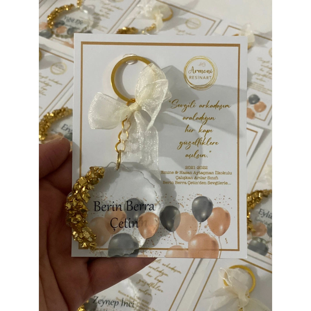 Kişiye Özel Kartlı Altın Taşlı Epoksi Anahtarlık Seti - 20 Adet