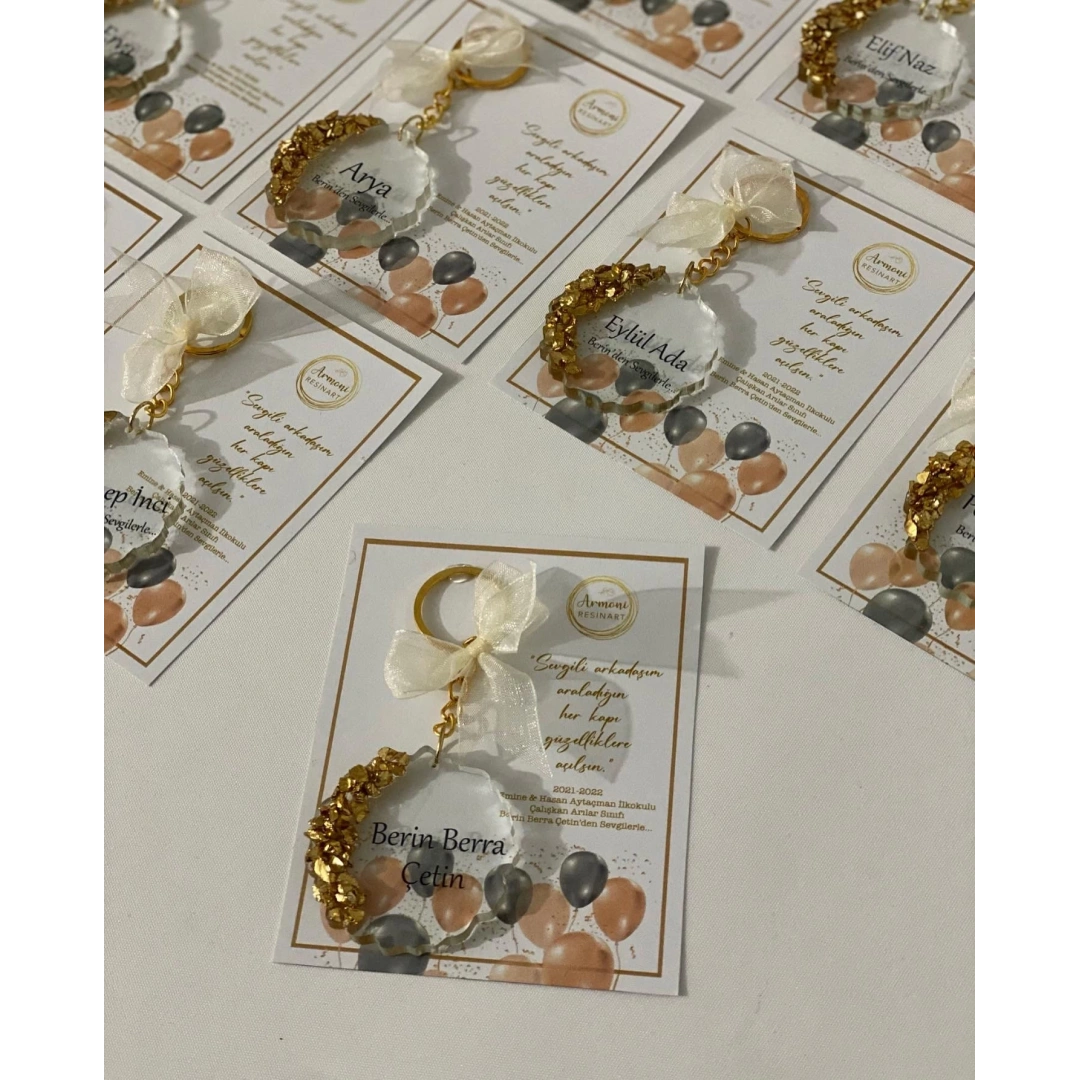 Kişiye Özel Kartlı Altın Taşlı Epoksi Anahtarlık Seti - 20 Adet