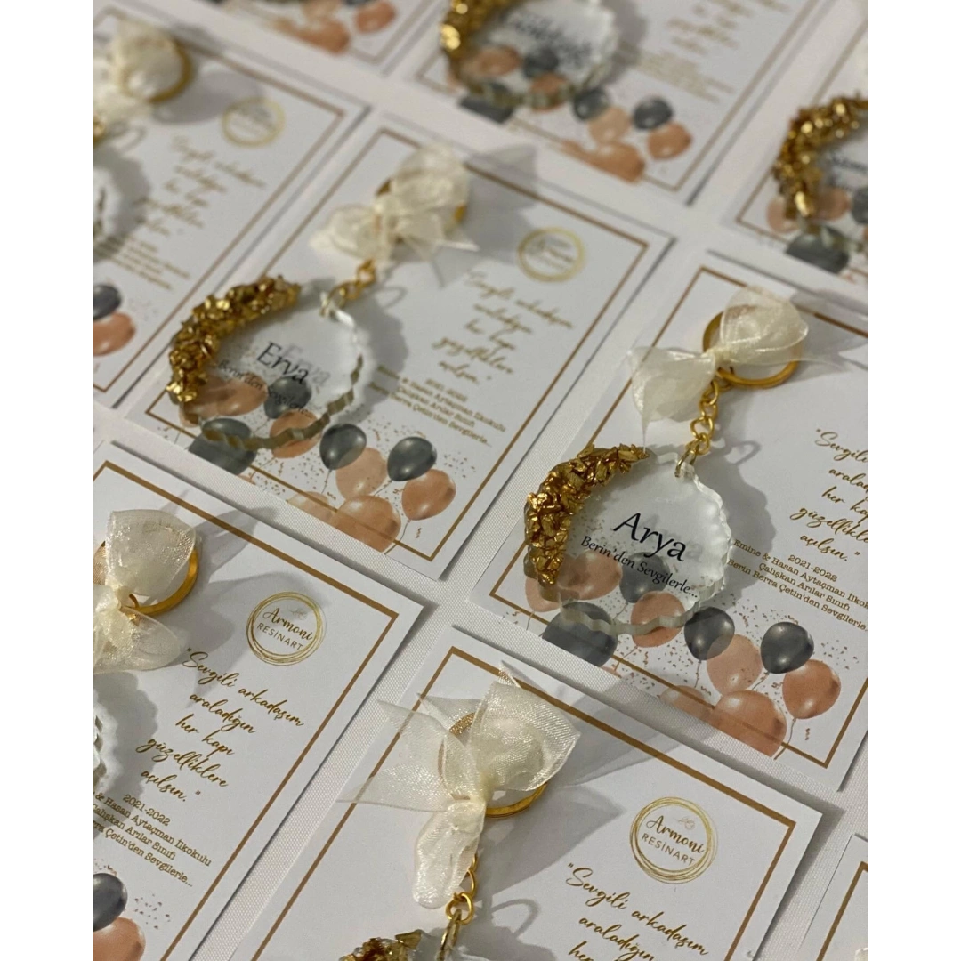 Kişiye Özel Kartlı Altın Taşlı Epoksi Anahtarlık Seti - 20 Adet