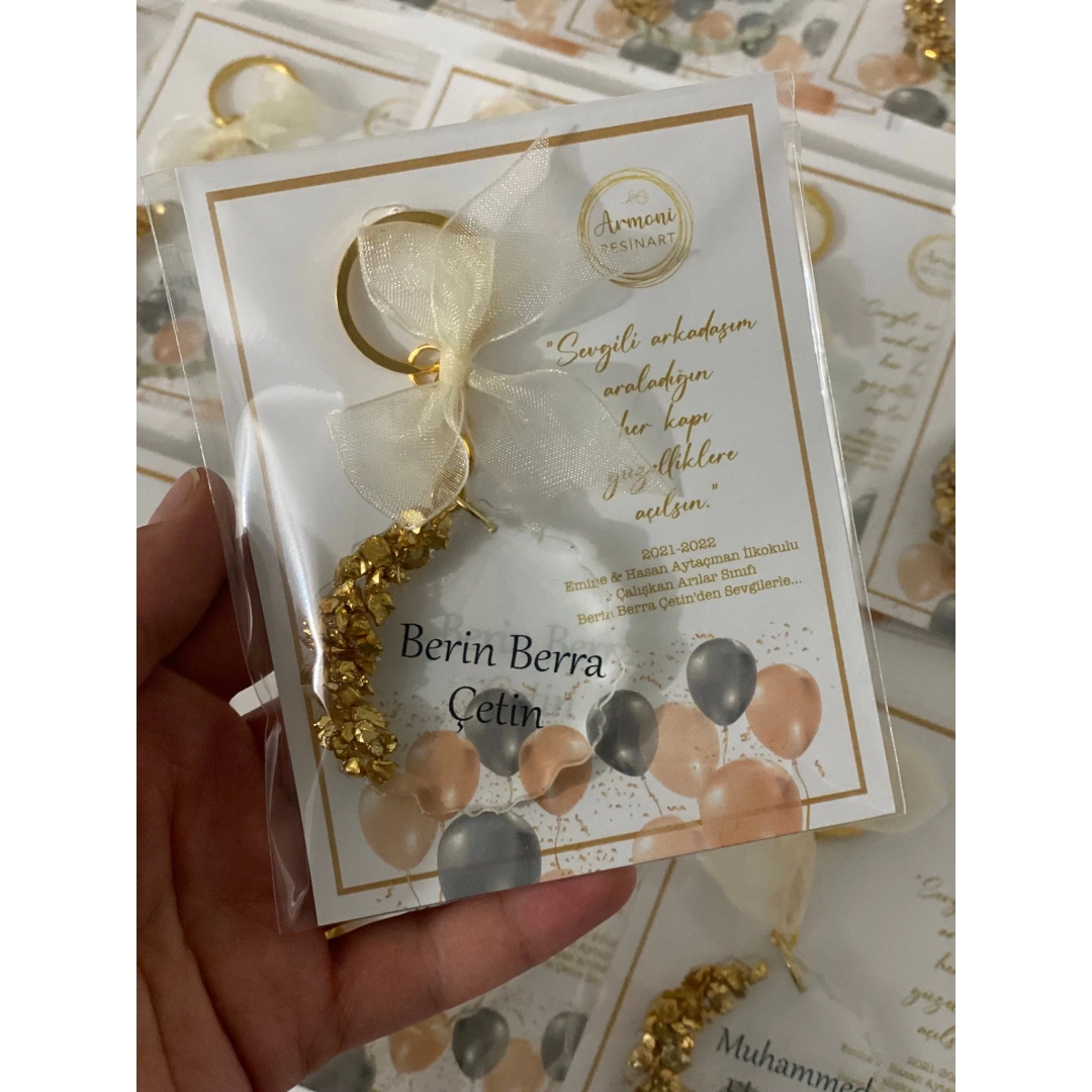 Kişiye Özel Kartlı Altın Taşlı Epoksi Anahtarlık Seti - 20 Adet