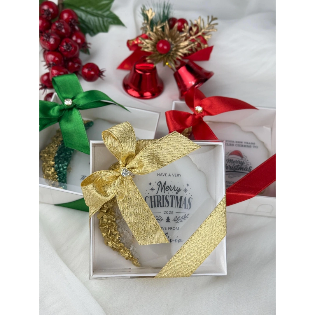 Kişiye Özel Kutulu Epoksi Bardak Altlığı – 20 Adet Noel Temalı Hediye Seti