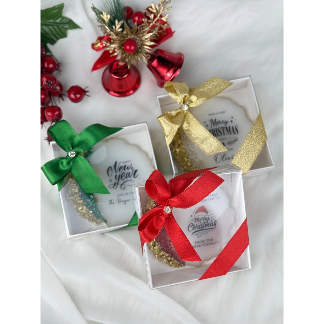 Kişiye Özel Kutulu Epoksi Bardak Altlığı – 20 Adet Noel Temalı Hediye Seti