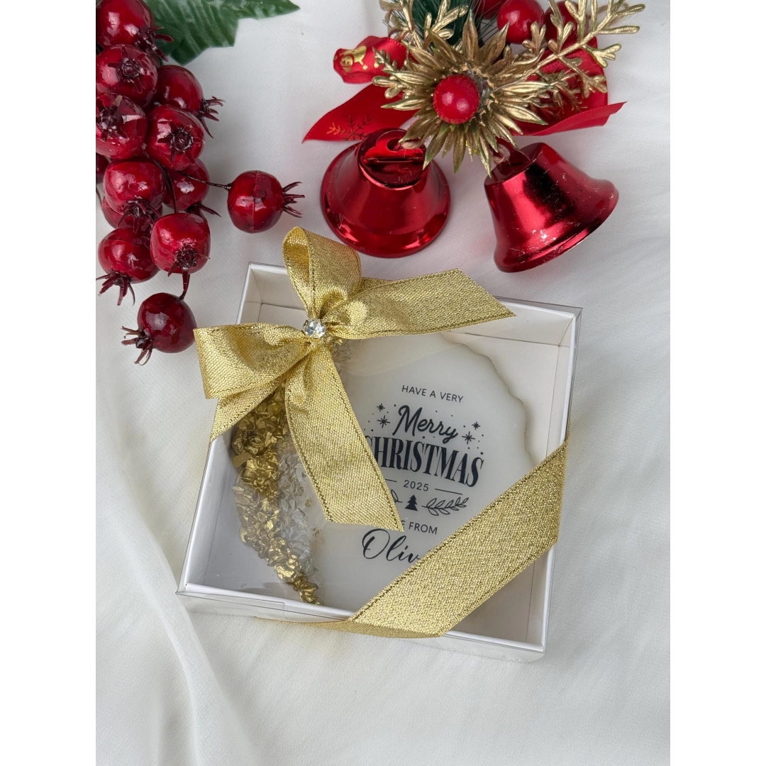 Kişiye Özel Kutulu Epoksi Bardak Altlığı – 20 Adet Noel Temalı Hediye Seti