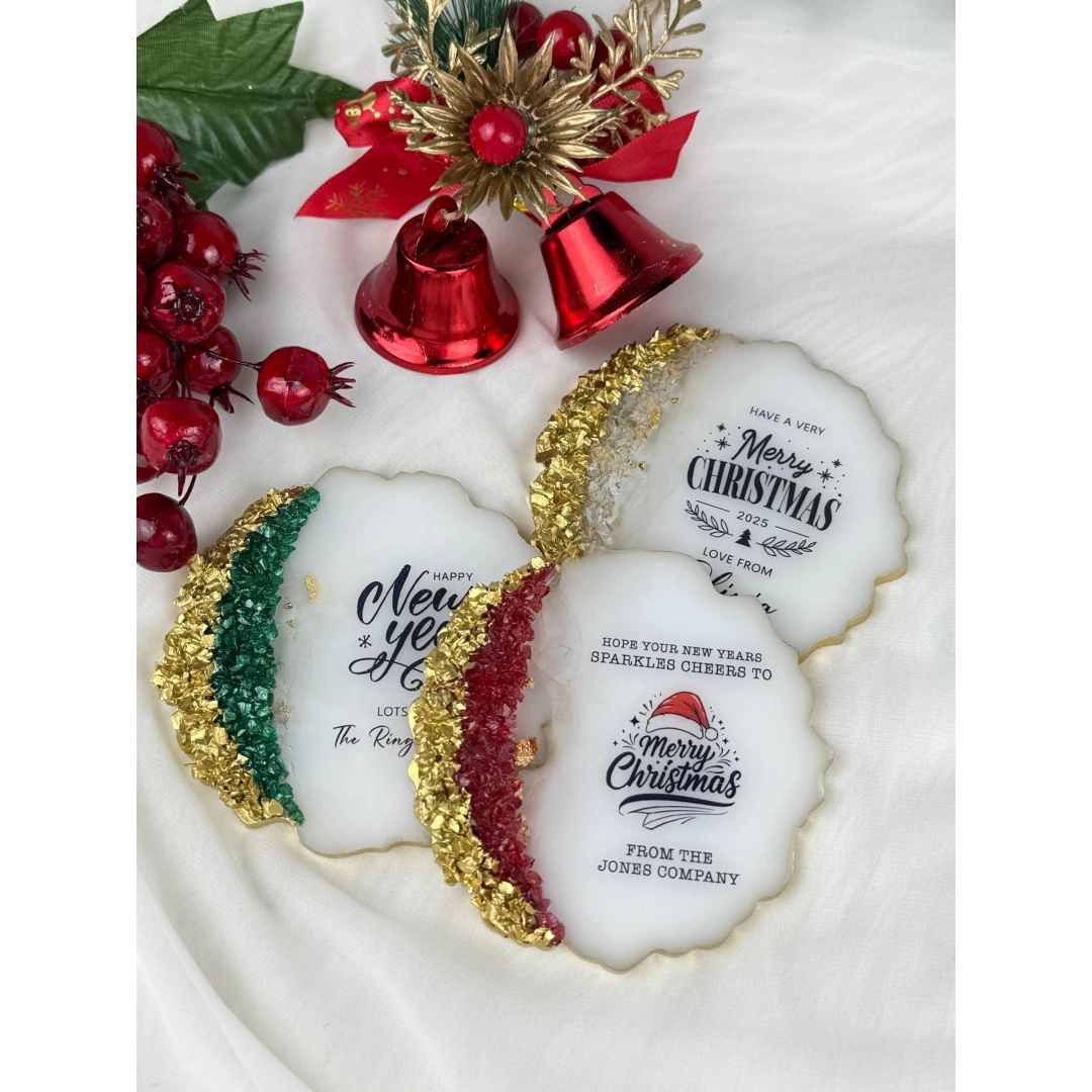 Kişiye Özel Kutulu Epoksi Bardak Altlığı – 20 Adet Noel Temalı Hediye Seti