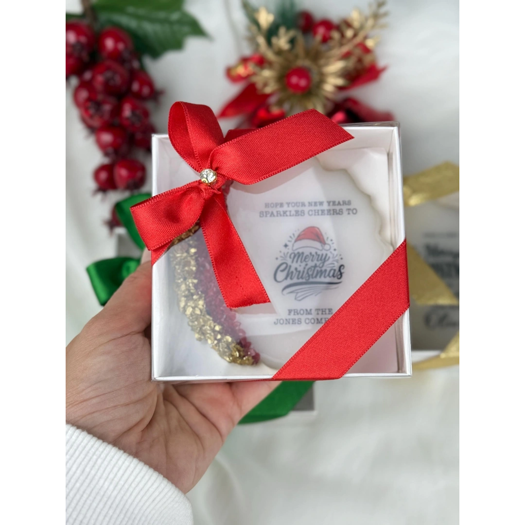 Kişiye Özel Kutulu Epoksi Bardak Altlığı – 20 Adet Noel Temalı Hediye Seti