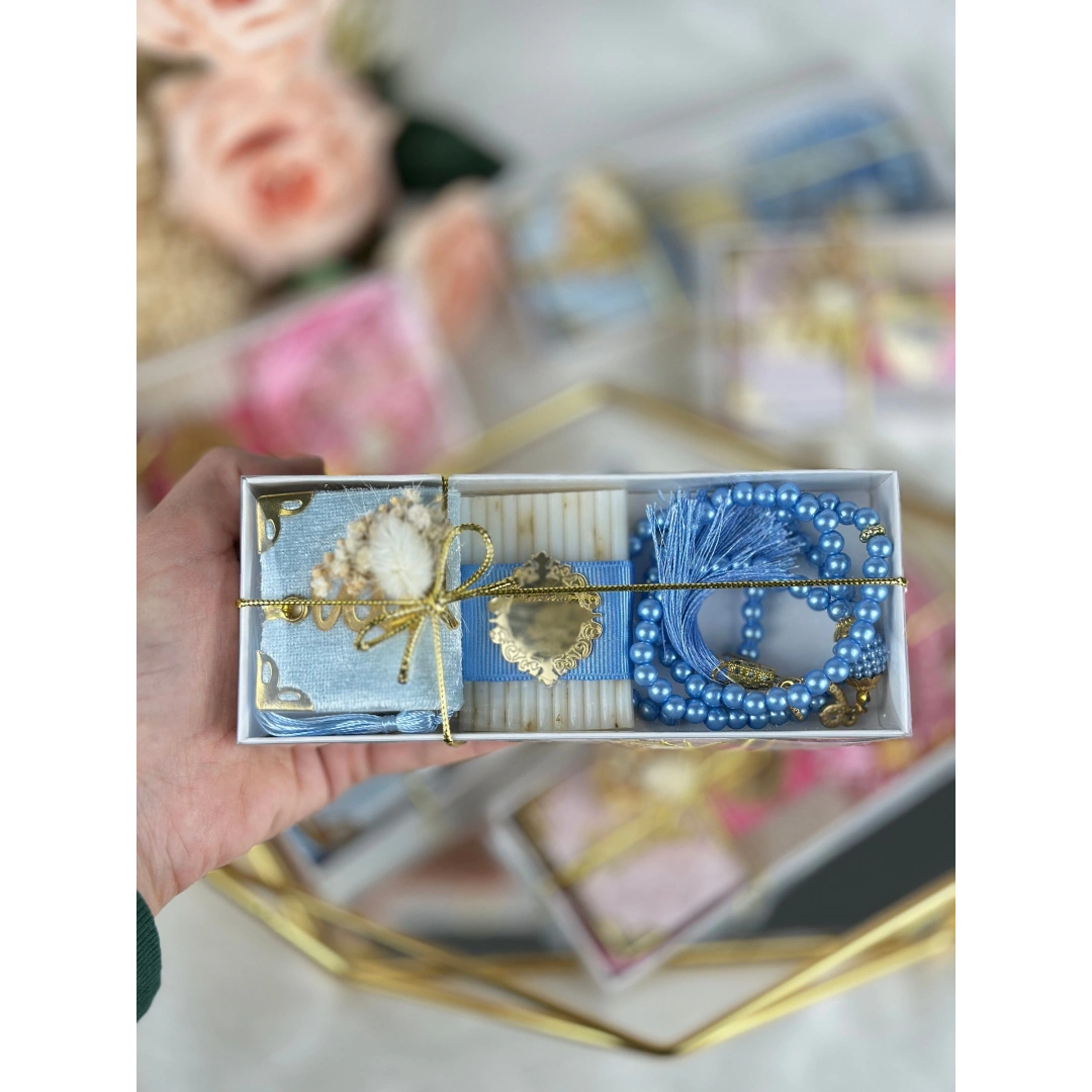 Üçlü İslami Set – Tesbih, Sabun ve Magnet – Kişiselleştirilebilir Hediye Kutusu