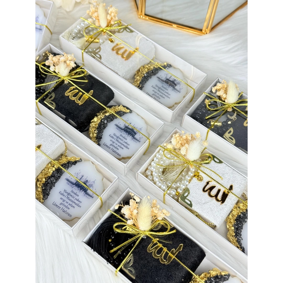 Kişiye Özel Üçlü Set: Mini Kur’an, 99’luk Tesbih ve Epoksi Magnet – El Yapımı Lüks Kutu