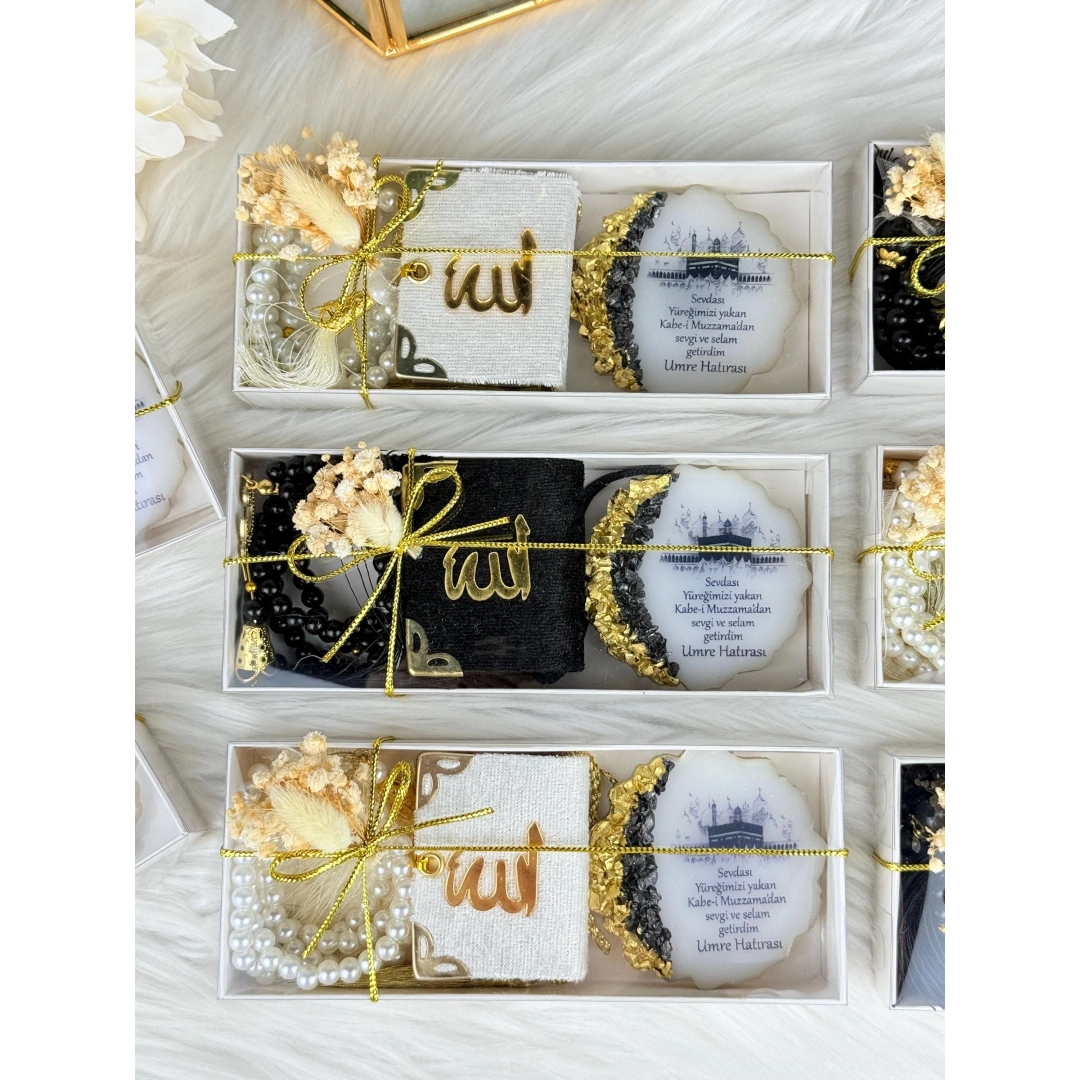 Kişiye Özel Üçlü Set: Mini Kur’an, 99’luk Tesbih ve Epoksi Magnet – El Yapımı Lüks Kutu