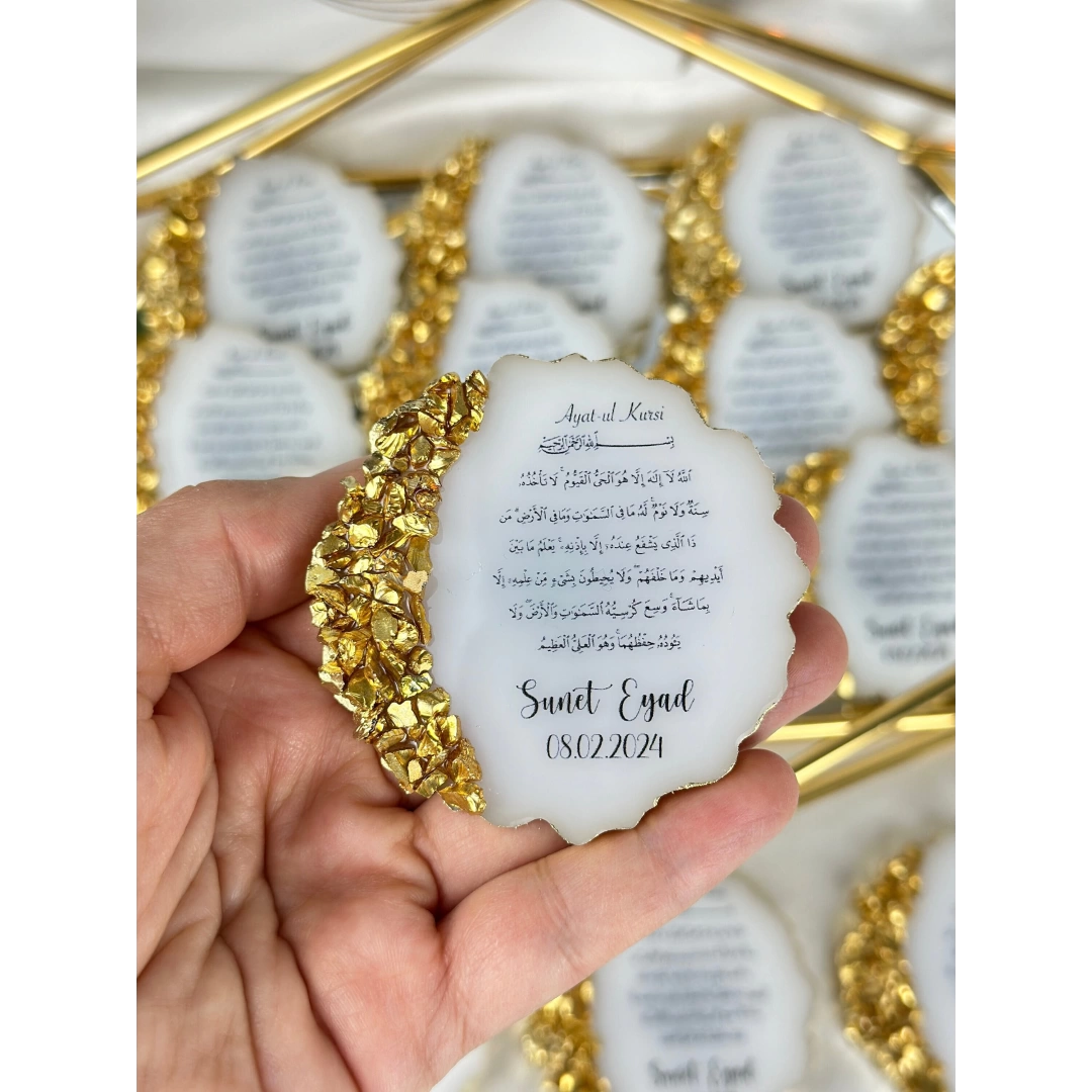 Ayet-el Kürsi Taşlı Magnet 20 Adet – İslami Hediyelik, Altın/Gümüş Dalgalı Tasarım