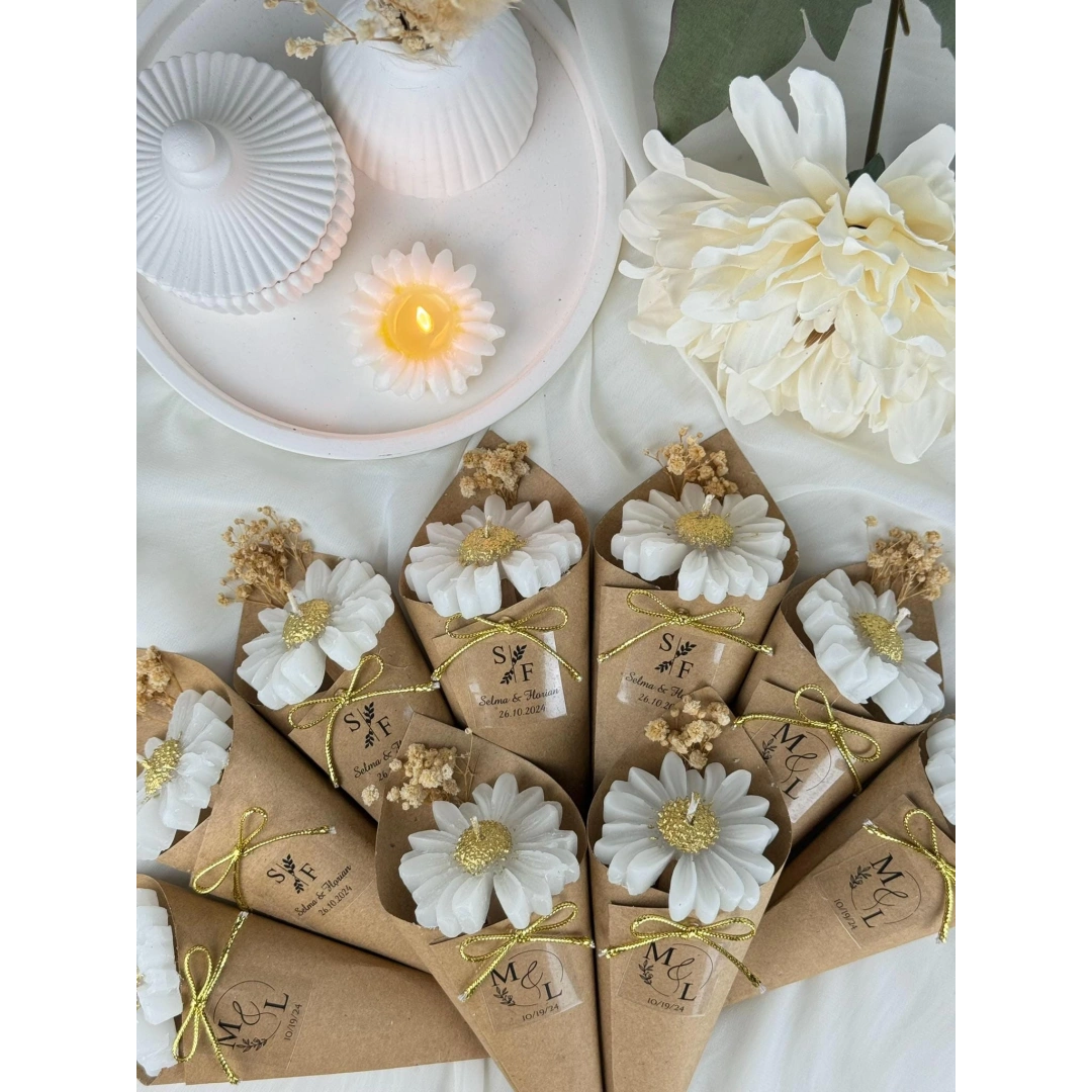 El Yapımı Papatya Koni Mum – 20 Adet Zarif Özel Gün Hediyesi